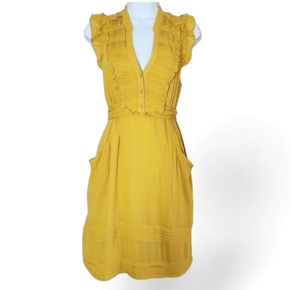 Anthropologie Dresses & Skirts - Anthropologie Odille Yellow Ruffled Cap Sleeve Tie Waist Rayon Mini Dress XS